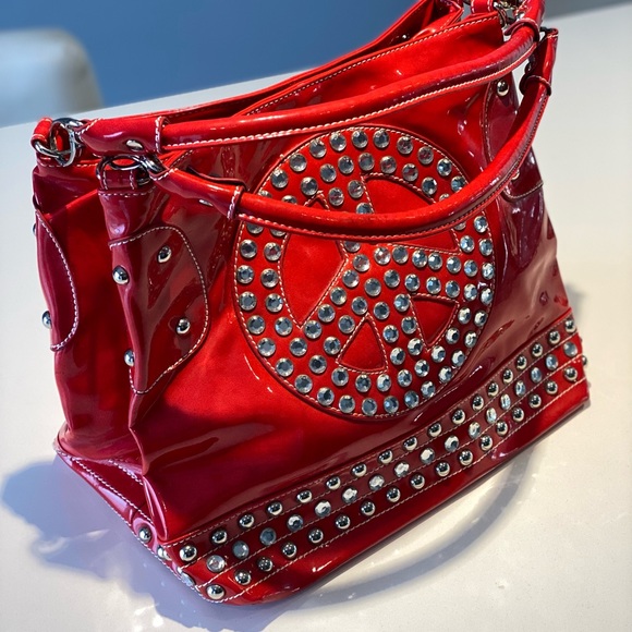 🛍️ 4 for 20$ / Vintage Peace Logo Rhinestone Glossy Faux Leather Handbag - Picture 4 of 16